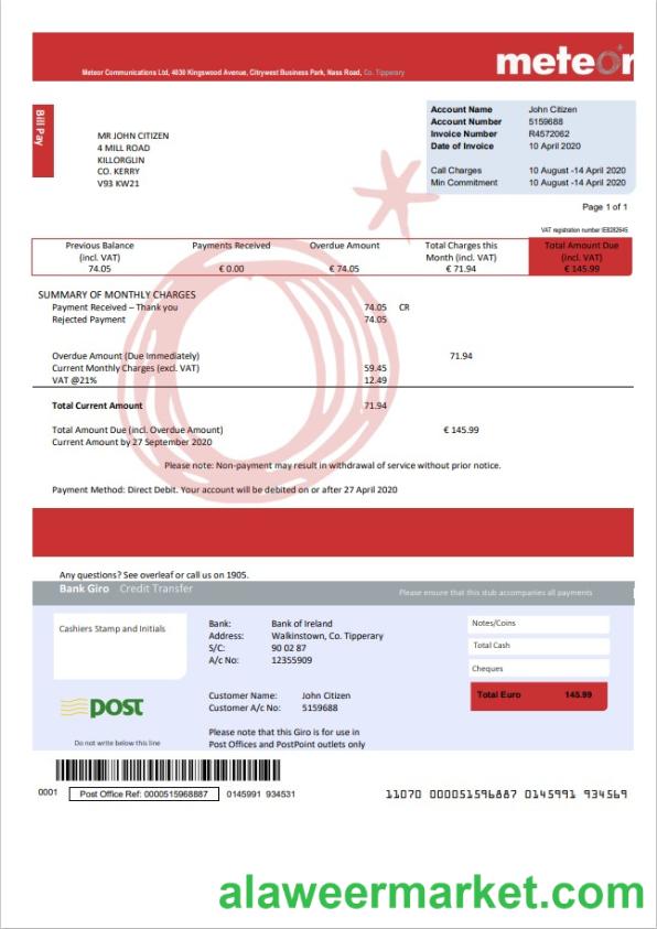 Ireland Meteor utility bill template in Word and PDF format